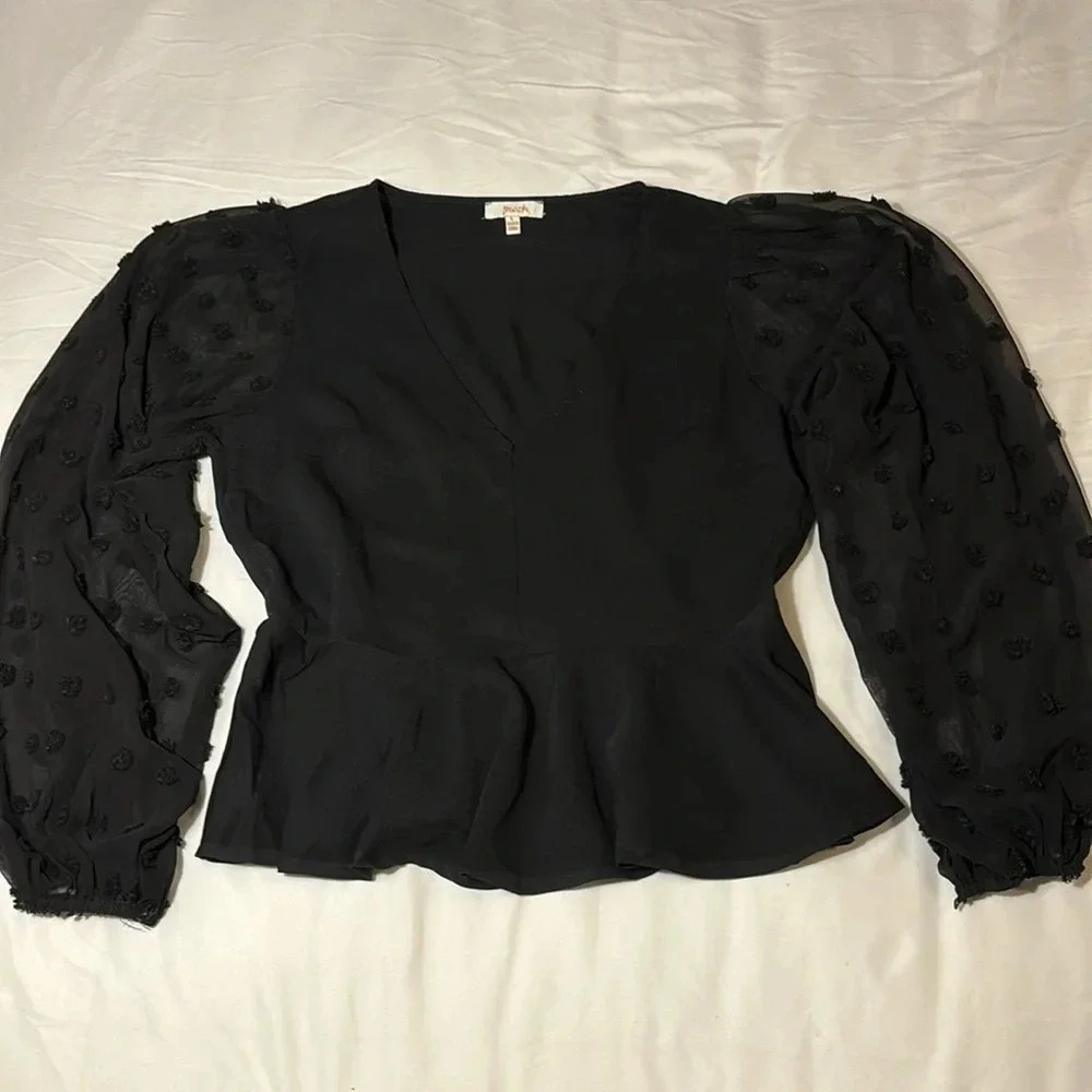 Peplum V-Neck Long Balloon Sleeve Swiss Dot Black Blouse - Picture 2 of 13